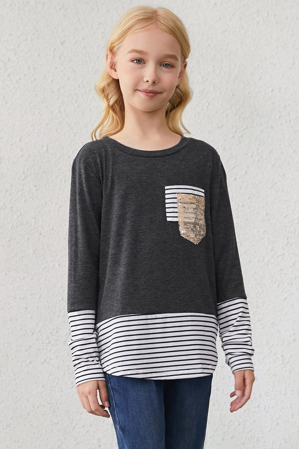 Girls Striped Color Block Sequin Pocket Top - Minihomy