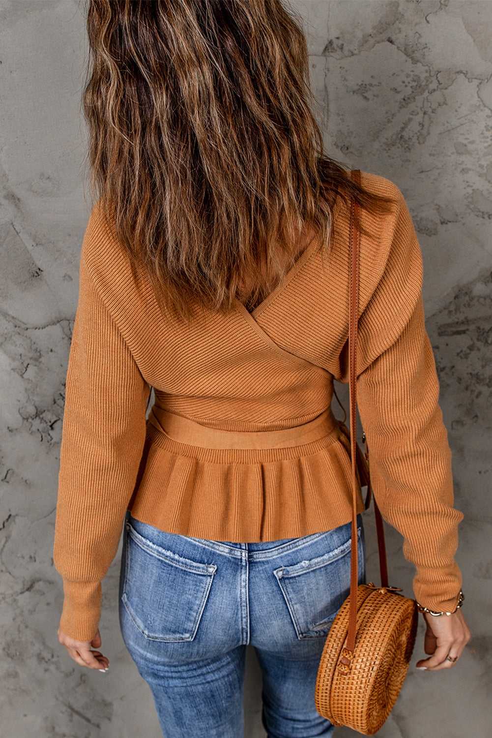 Rib-Knit Belted Open Back Peplum Sweater