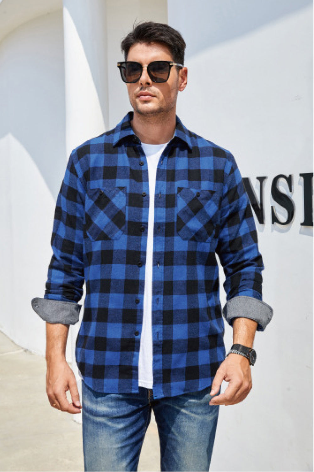 Plaid Button Front Long Sleeve Shirt with Breast Pockets - Minihomy