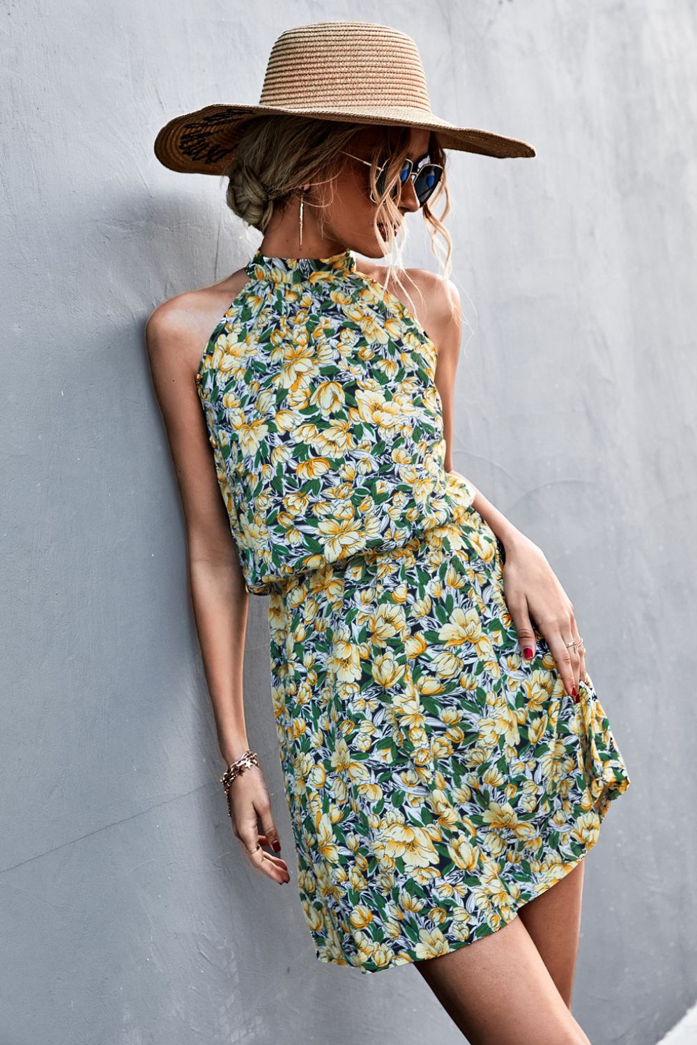 Floral Tied Sleeveless Mini Dress - Minihomy