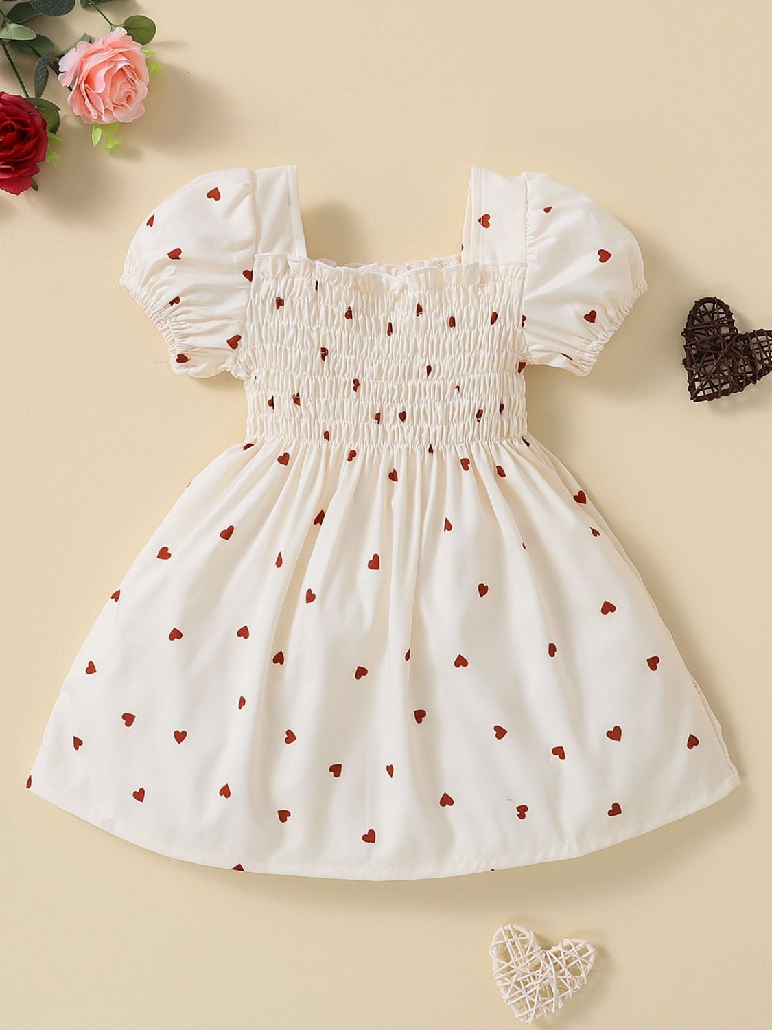 Baby Girl Heart Print Square Neck Dress - Minihomy