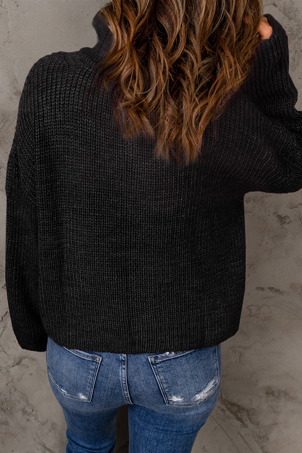 Half Zip Rib-Knit Dropped Shoulder Sweater - Minihomy