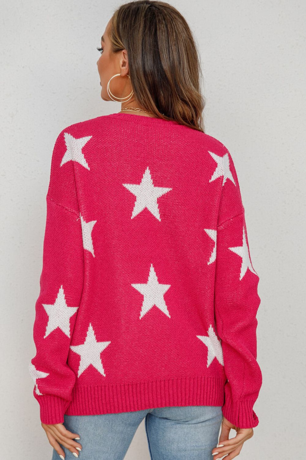 Star Pattern Dropped Shoulder Ribbed Trim Sweater