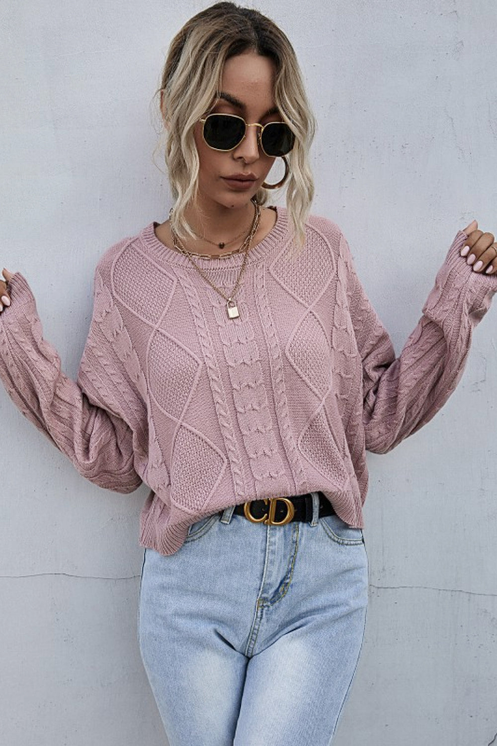 Cable-Knit Dropped Shoulder Cropped Sweater - Minihomy