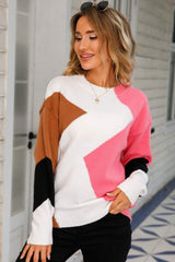 Color Block Ribbed Trim Round Neck Sweater