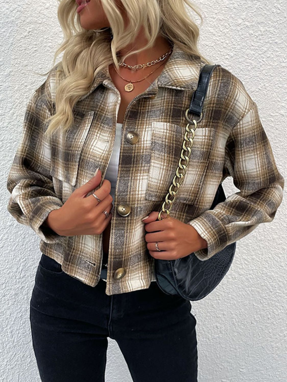 Plaid Button-Up Dropped Shoulder Shacket - Minihomy