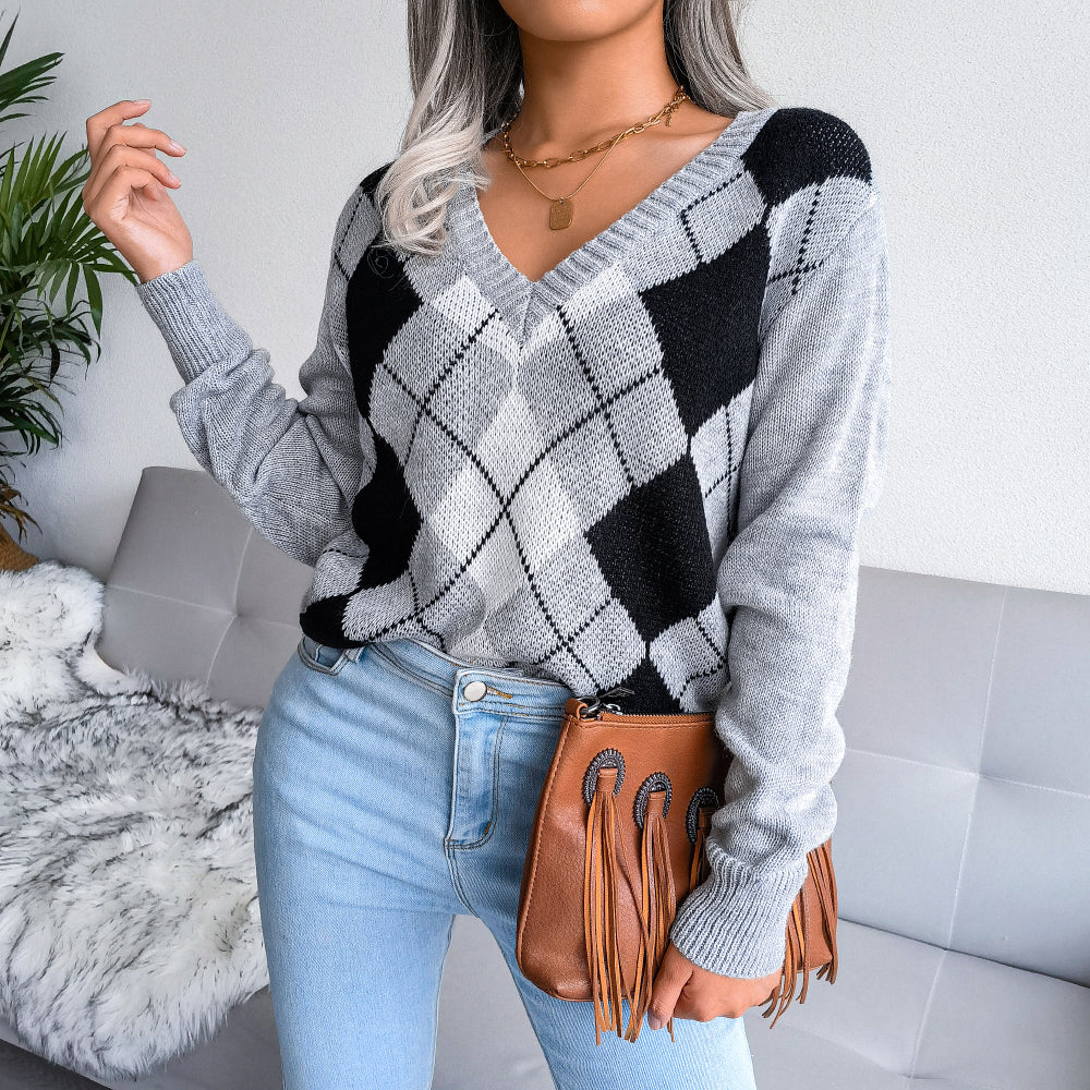 Argyle V-Neck Long Sleeve Sweater - Minihomy