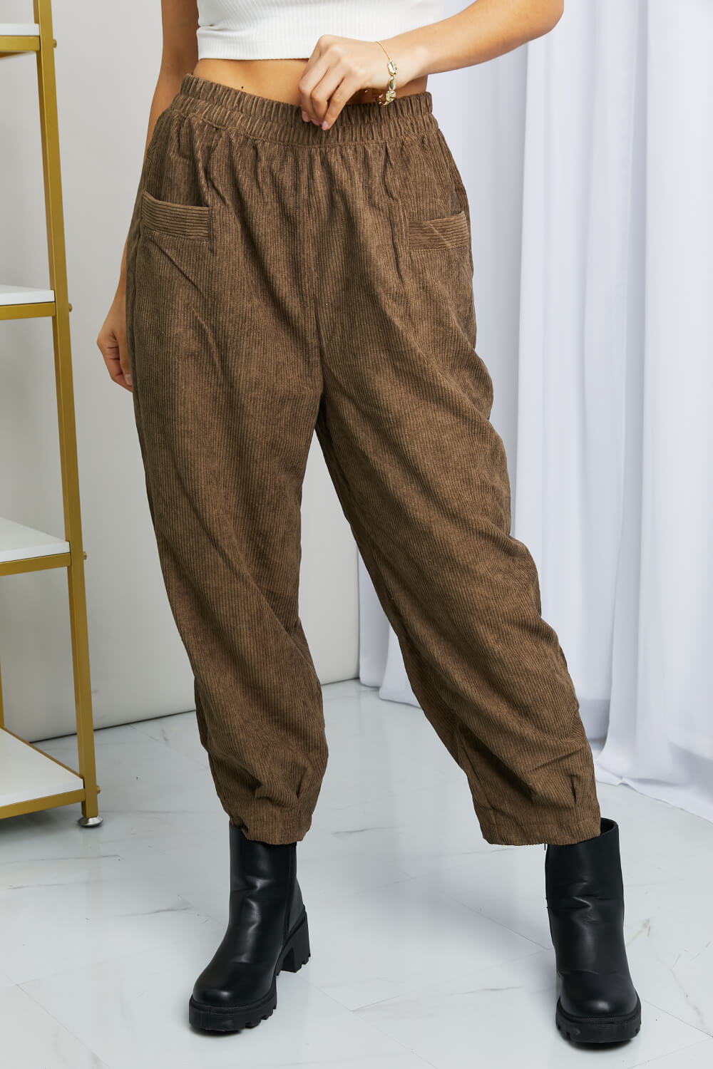 Zenana School Night Corduroy Loose Fit Pants in Mocha