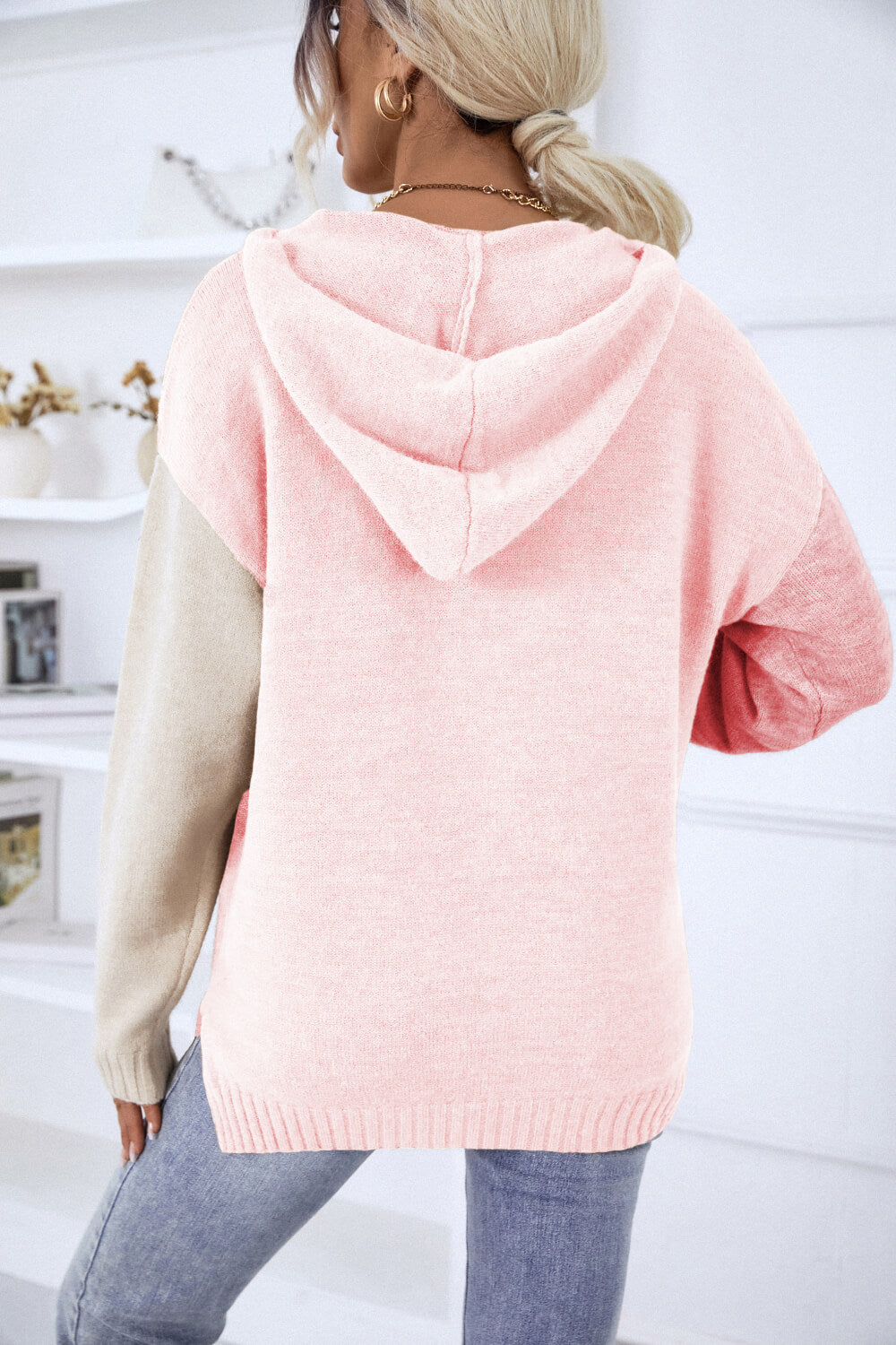 Contrast Side Slit Hooded Sweater