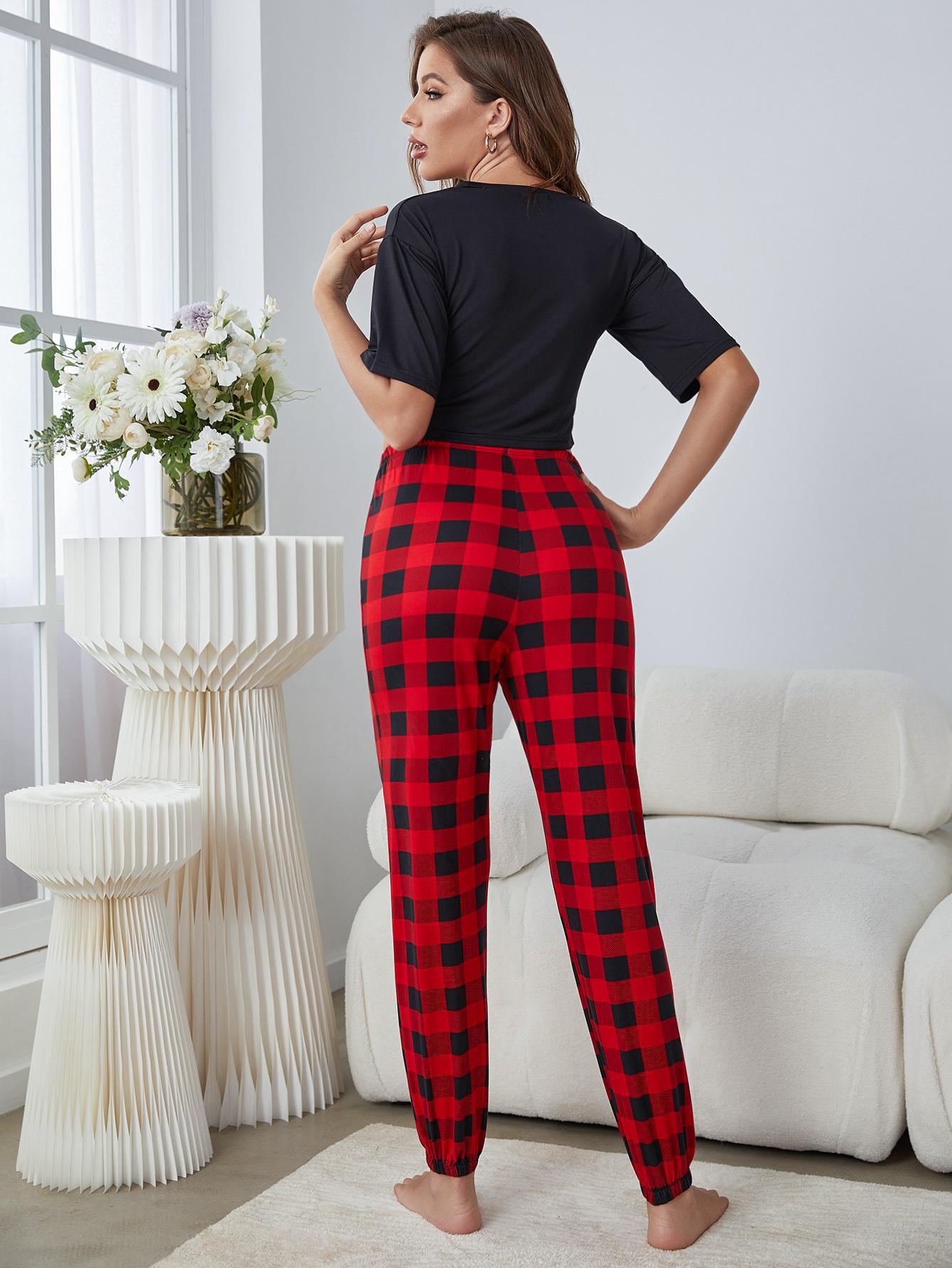 Round Neck Cropped Tee and Plaid Joggers Lounge Set