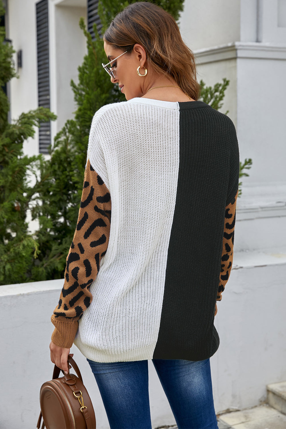 Leopard Sleeve Spliced Sweater