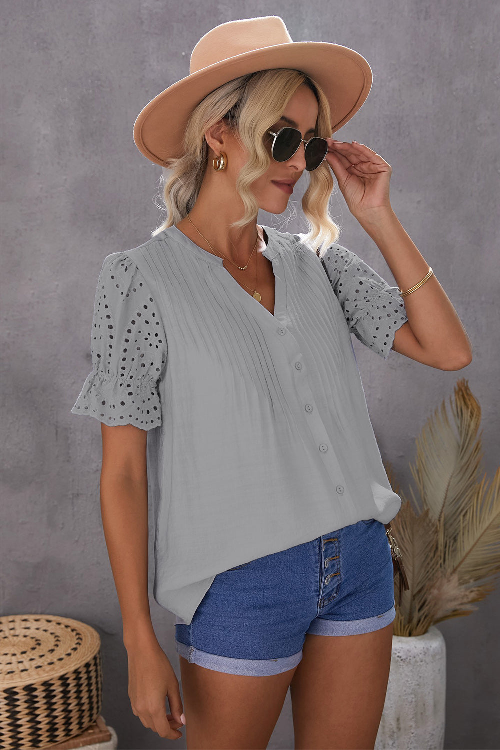 Eyelet Short Sleeve Pleated Blouse - Minihomy