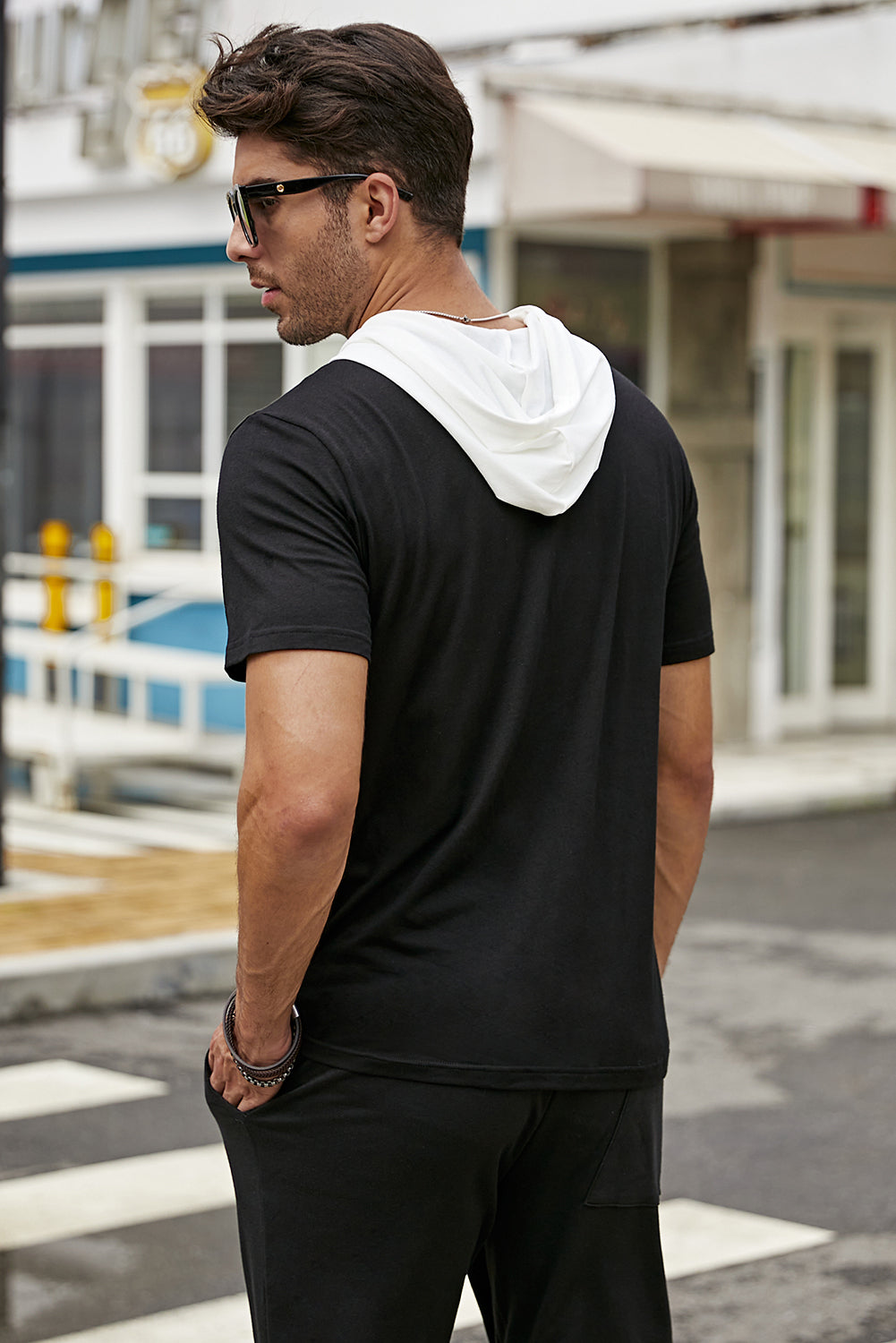 Contrast Drawstring Short Sleeve Hoodie - Minihomy