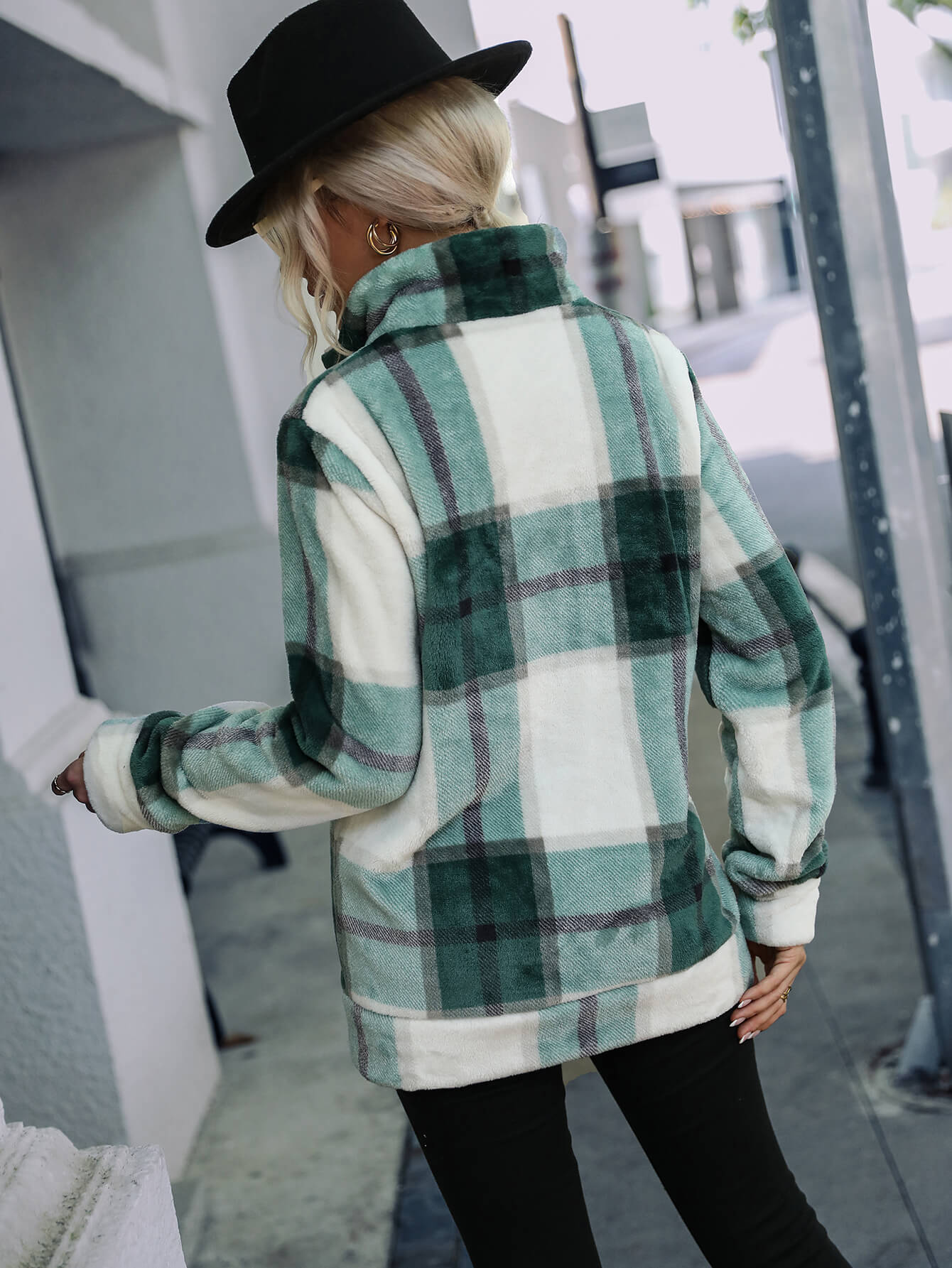 Plaid Zip Up Plush Jacket with Pockets