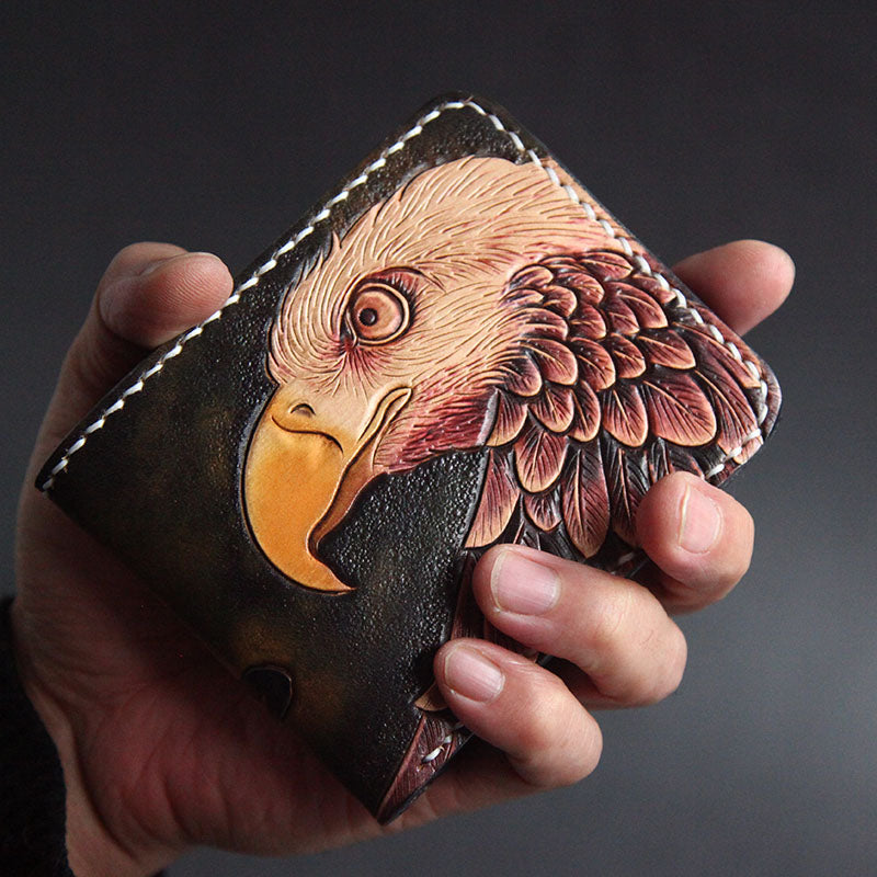 First Layer Cowhide Handmade Leather Carving Wallet Short Carp Couple Gift - Minihomy