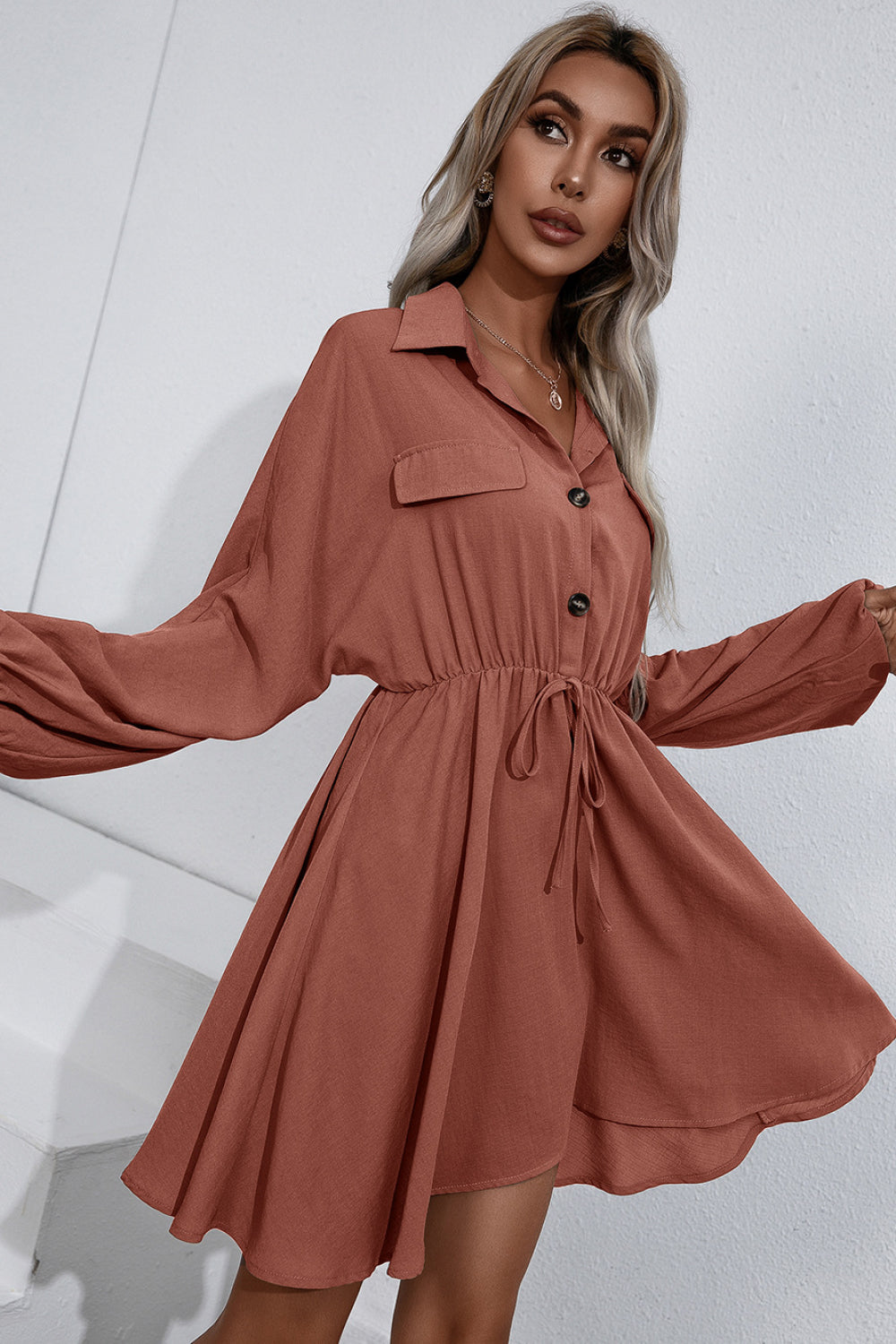 Collared Tie Waist Button Up Shirt Dress - Minihomy