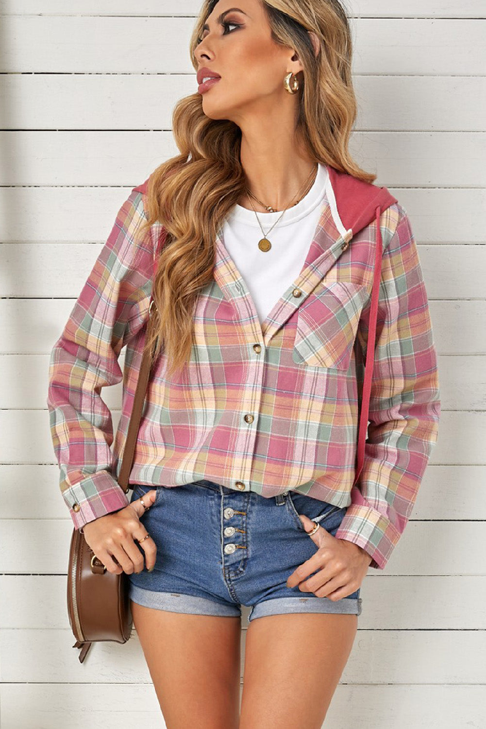 Plaid Drawstring Hooded Shirt Jacket