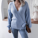 Rib-Knit Lantern Sleeve Wrap Sweater