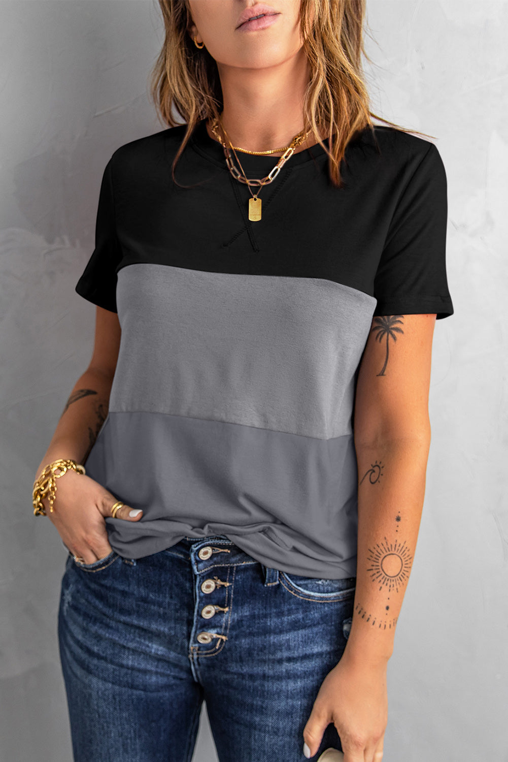 Color Block Side Slit Round Neck T-Shirt - Minihomy