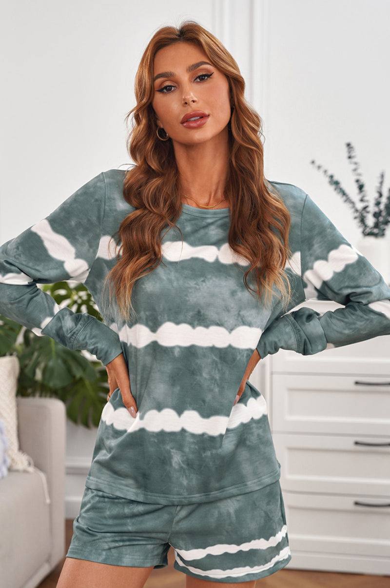 Tie-dyed Stripes Long Sleeve Shorts Lounge Set - Minihomy