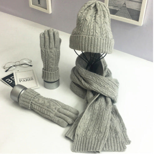 Solid Color Twist Warm Hat Scarf Glove Set