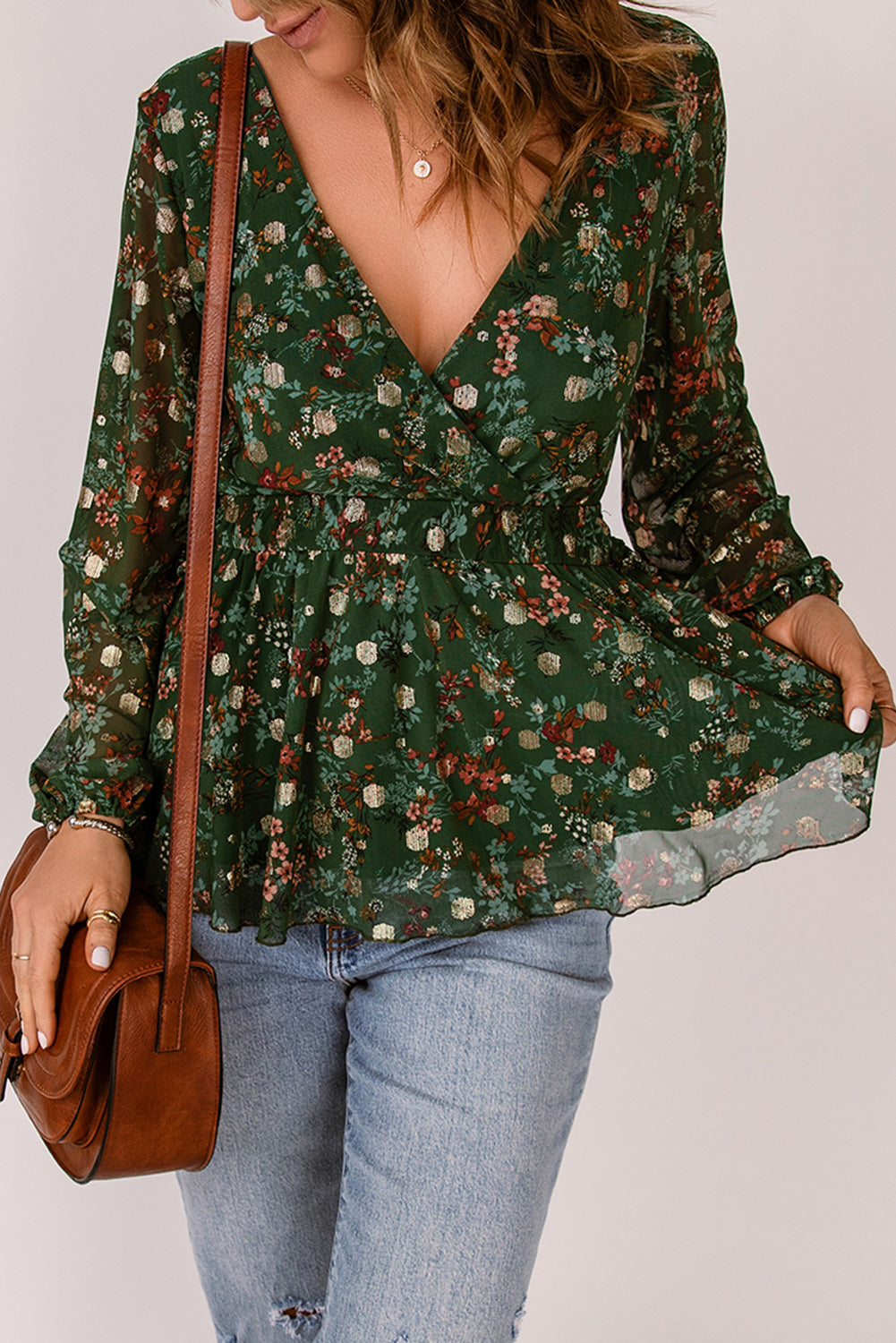 Floral Surplice Peplum Blouse - Minihomy