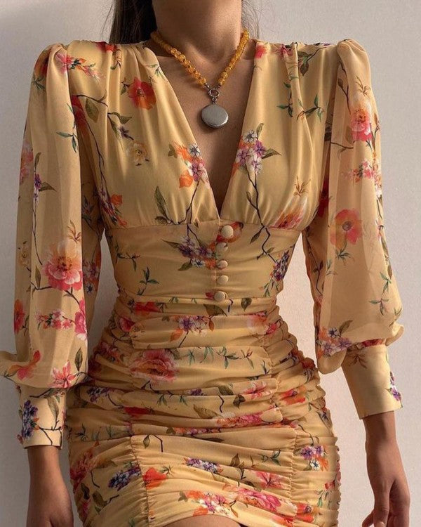 Women Chic Long Lattern Sleeves Deep V neck Folds Mesh Floral Mini Bodycon Party Dress