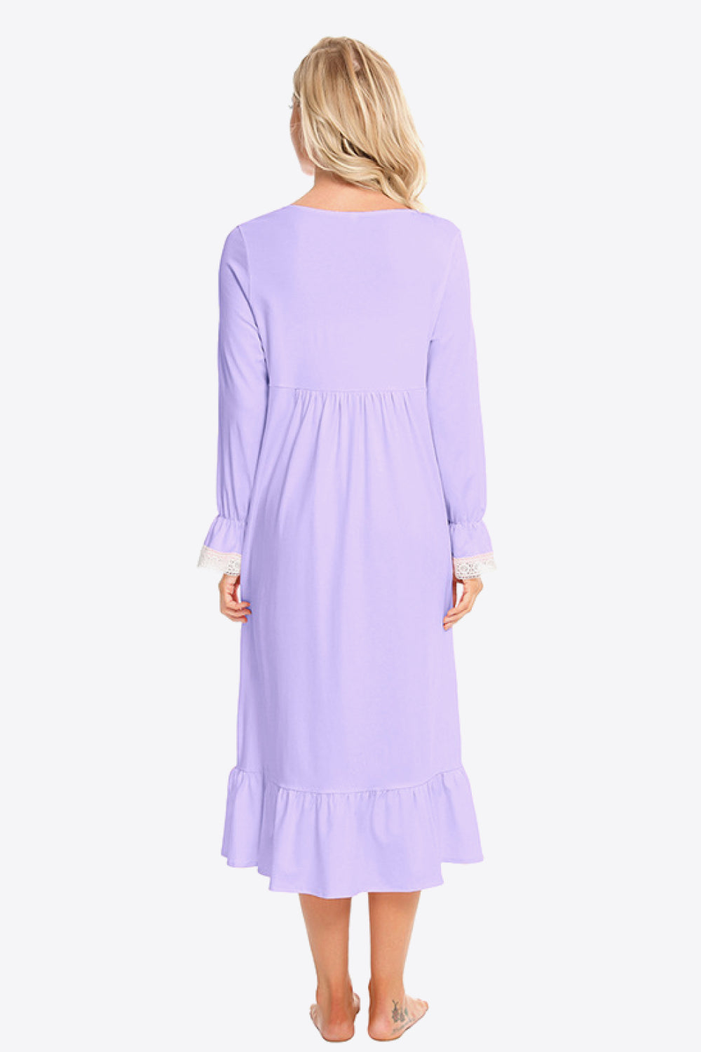 Contrast Lace Trim Ruffle Hem Square Neck Night Dress - Minihomy