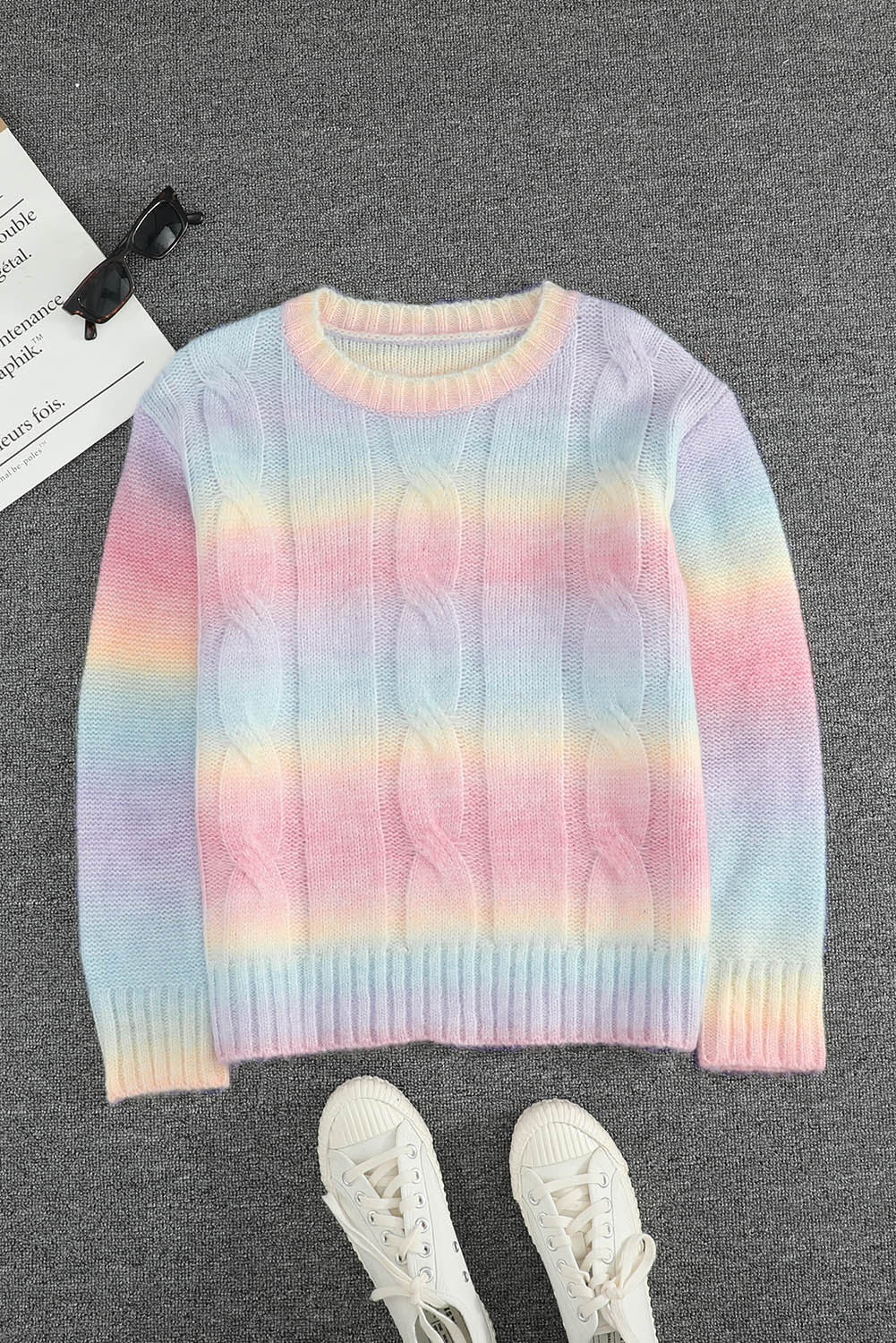 Multicolored Tie-Dye Cable-Knit Sweater