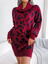 Animal Pattern Cowl Neck Mini Sweater Dress