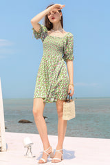 Floral Flounce Sleeve Square Neck Dress - Minihomy