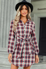 Plaid Tie Front Mini Shirt Dress - Minihomy