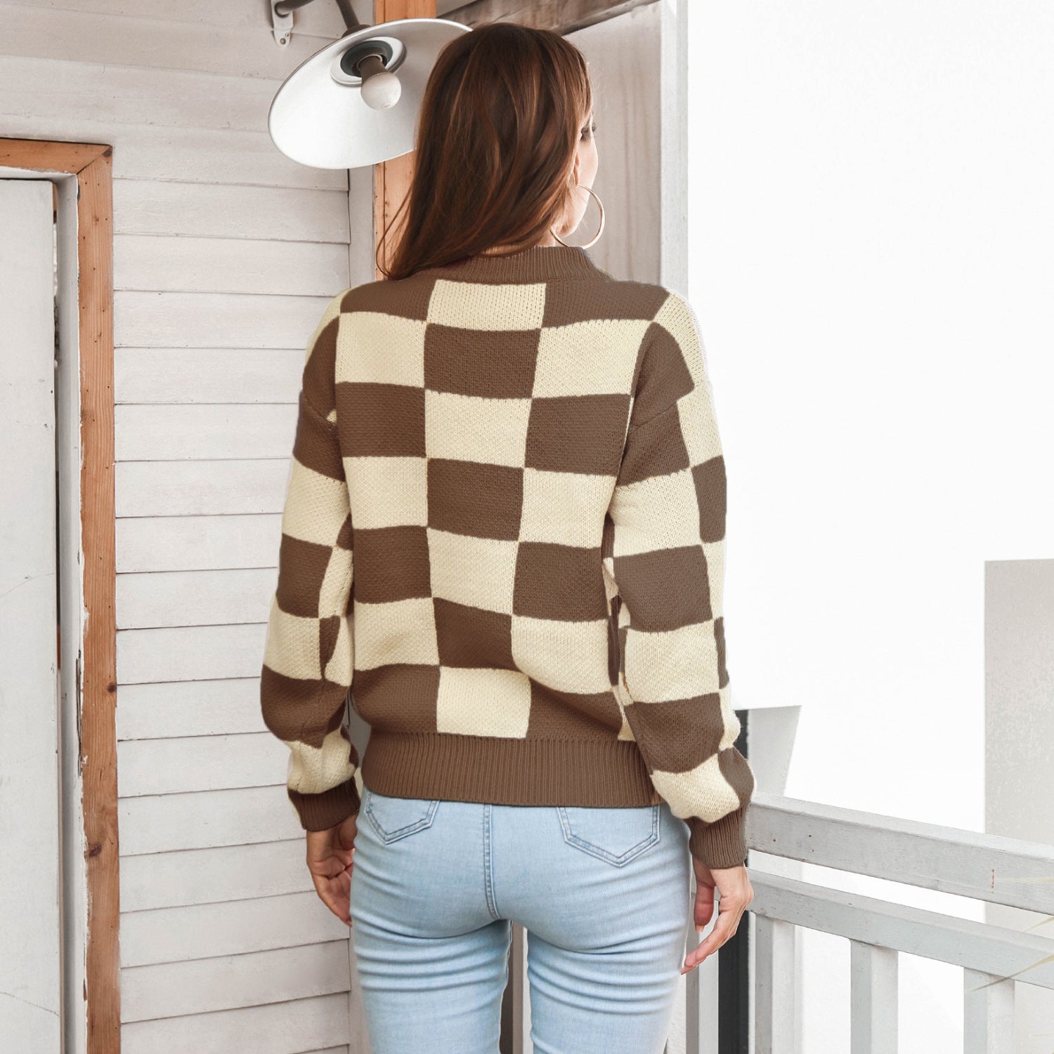 Checkered Two-Tone Dropped Shoulder Crewneck Sweater - Minihomy