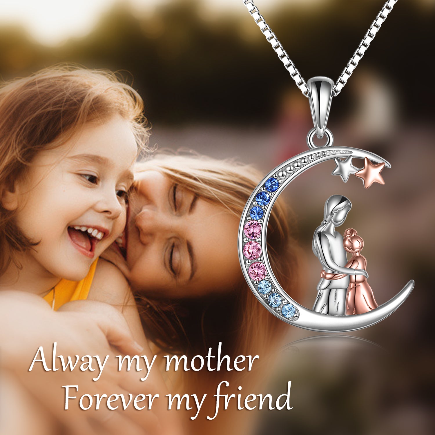 Crescent Moon Family Necklace for Women Teens Sterling Silver Jewelry with Crystal