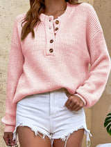 Half-Button Rib-Knit Dropped Shoulder Sweater - Minihomy