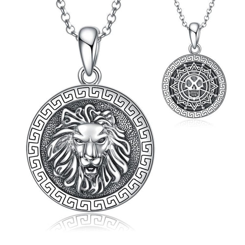 Lion Head Skull Pendant Chain Necklace Sterling Silver Double-Sided Jewelry