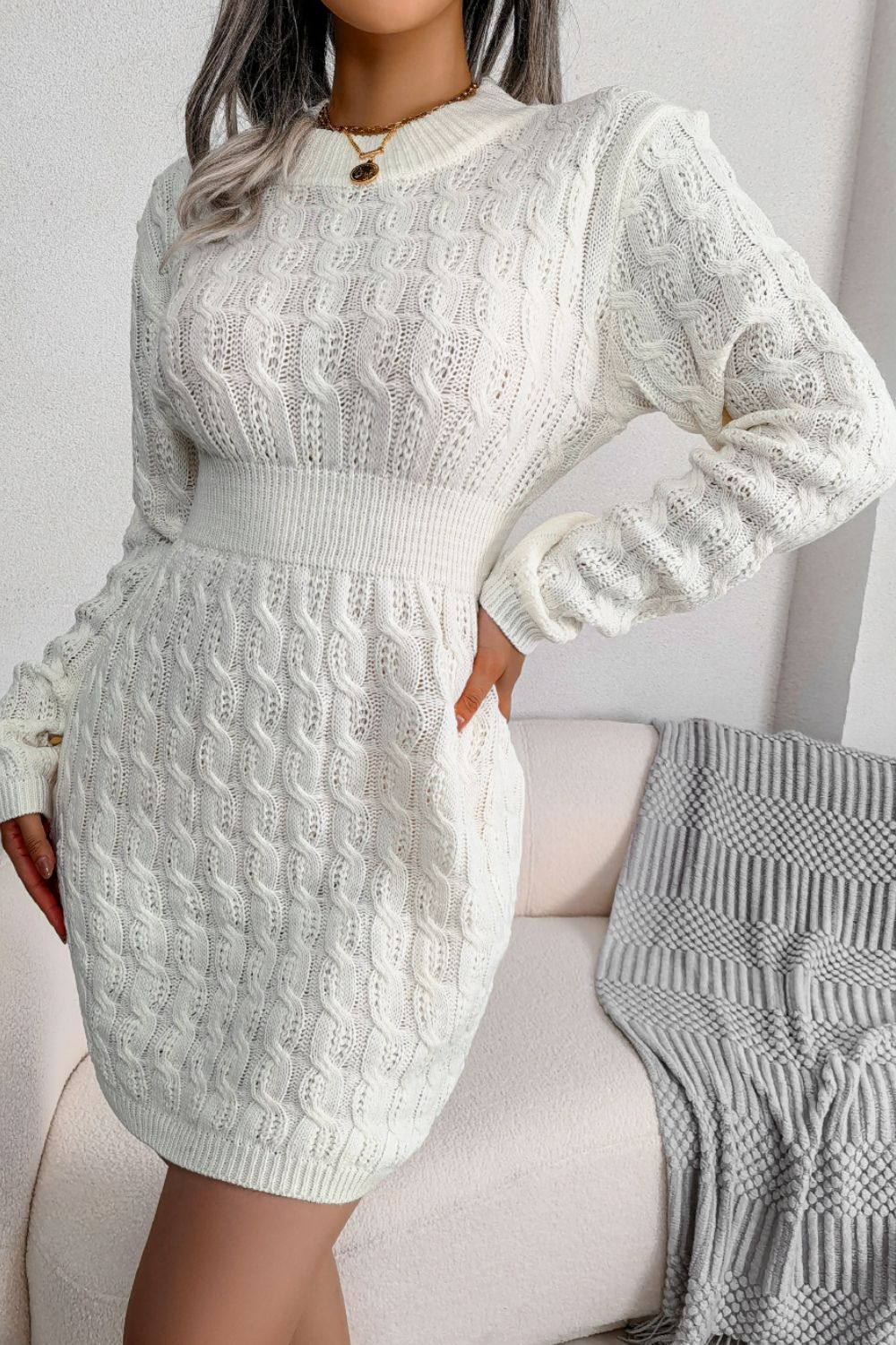 Cable-Knit Long Sleeve Mini Sweater Dress - Minihomy