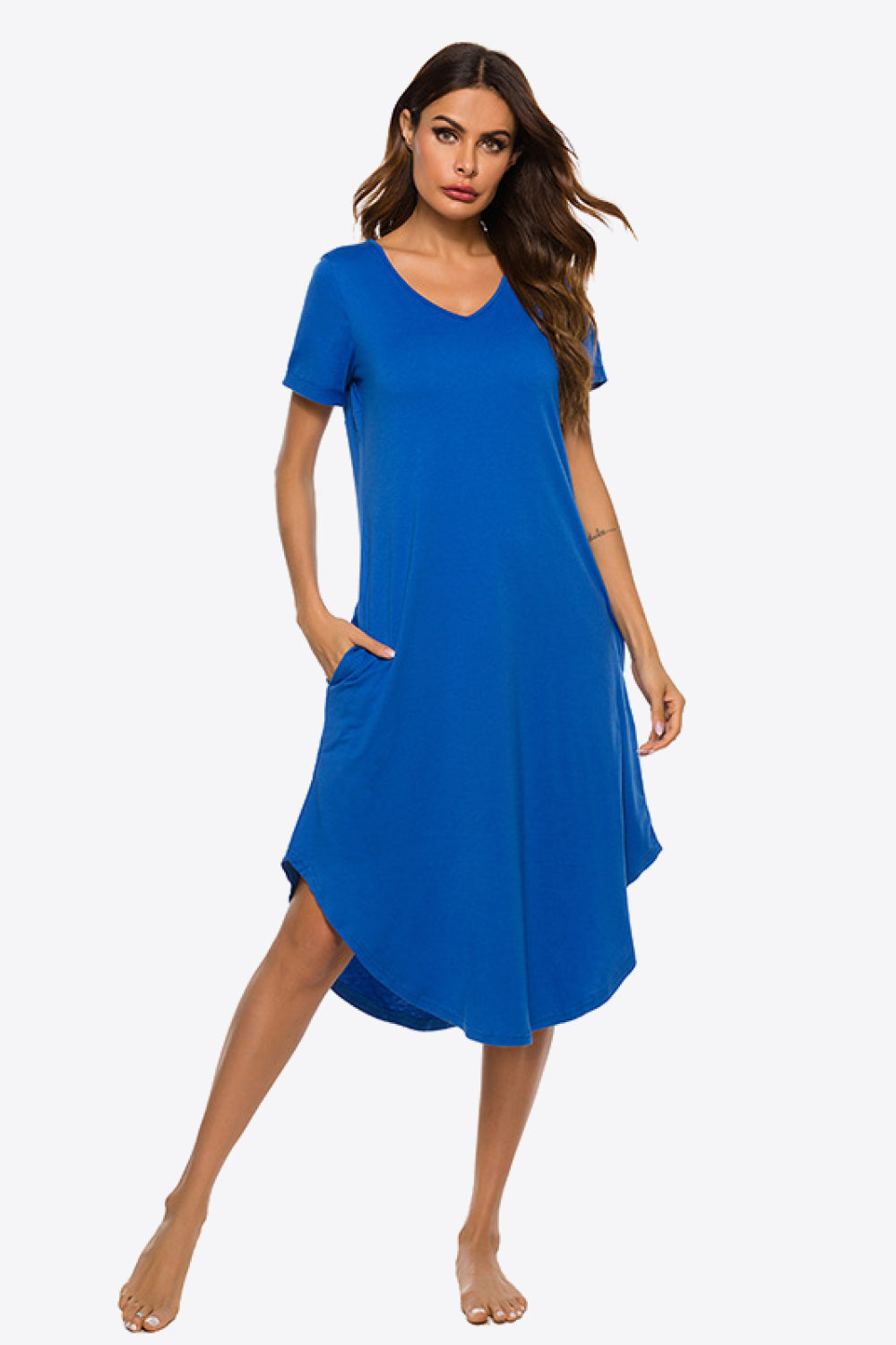 Curved Hem V-Neck T-Shirt Pocket Dress - Minihomy