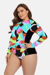 Plus Size Floral Zip Up One-Piece Swimsuit - Minihomy