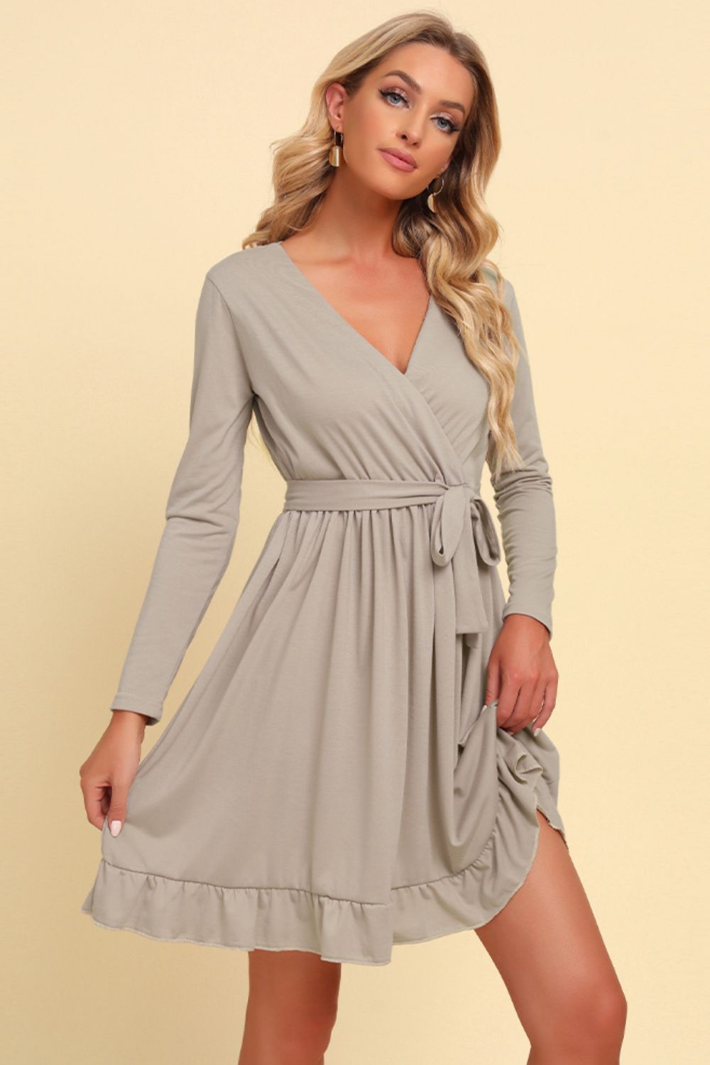 Long Sleeve Tie Waist Ruffle Hem Dress - Minihomy