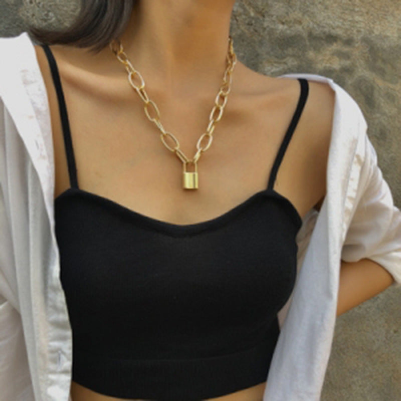 Personality Retro Geometric Ladies Necklace Sweater Chain Simple Lock Shape Wild Temperament Clavicle Chain