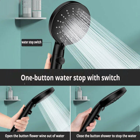 Five-speed Adjustment One-button Water-stop All-black Shower Head