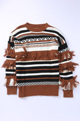 Striped  Fringe Trim Round Neck Sweater