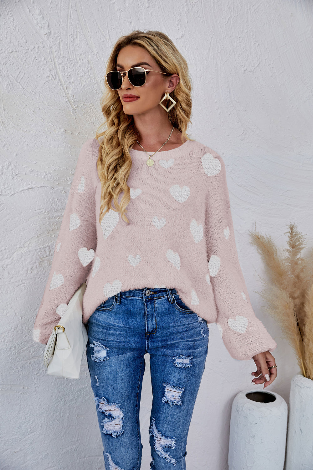 Heart Print Fuzzy Crewneck Long Sleeve Sweater