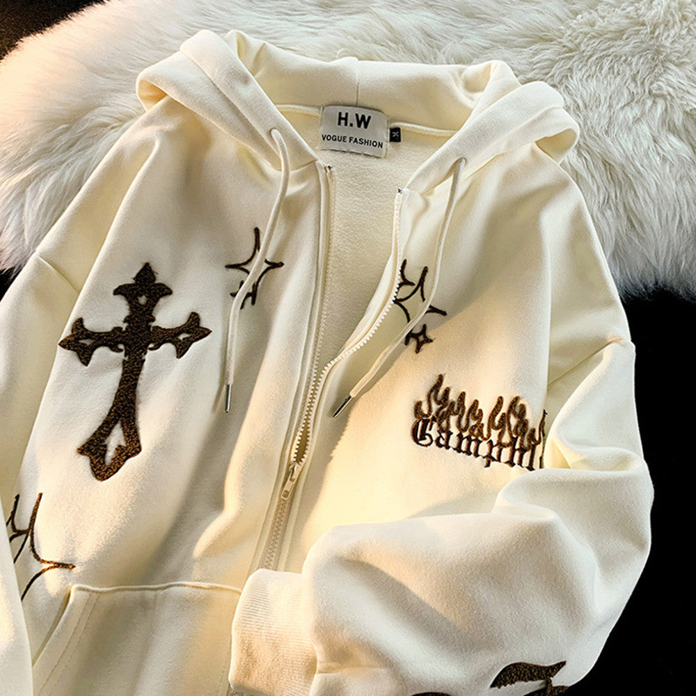 American Vintage Cross Embroidered Cardigan Hoodie - Minihomy