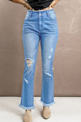 High Waist Distressed Raw Hem Jeans - Minihomy