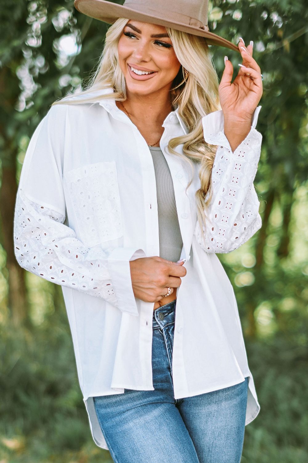 Eyelet Detail Button Down High-Low Shirt - Minihomy