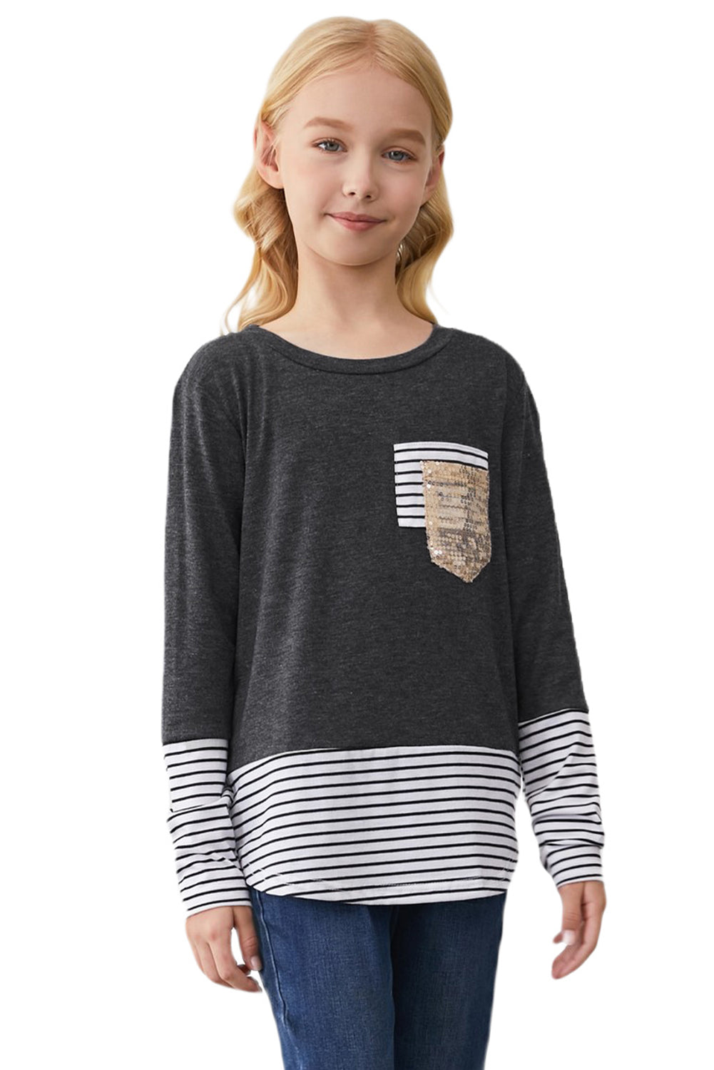 Girls Striped Color Block Sequin Pocket Top - Minihomy