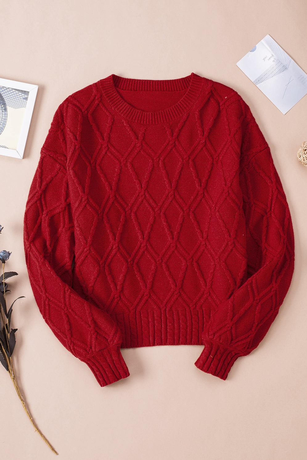 Cable-Knit Solid Dropped Shoulder Sweater - Minihomy