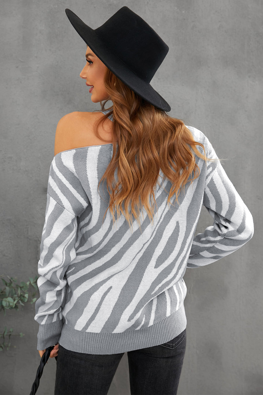 Zebra Print Mock Neck Cold Shoulder Sweater